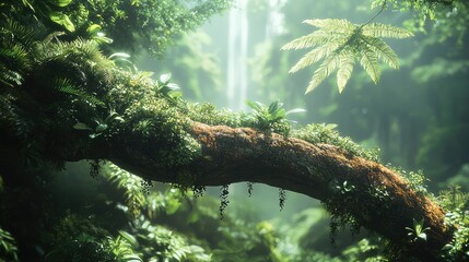 A lush rainforest background. a thick tree branch extends horizontally, partially covered in moss and small creeping plants. The branch is surrounded by dense greenery, including towering trees.