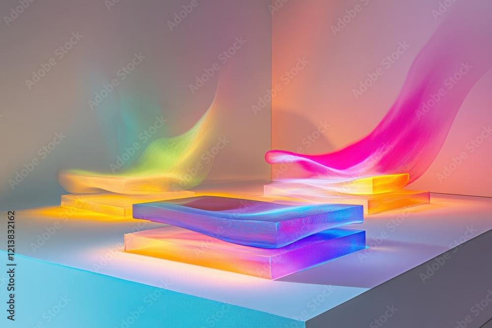 Poster Intriguing display of colorful translucent sculptures in a contemporary gallery setting during the evening hours. Generative AI