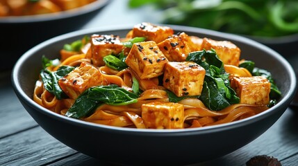 Tofu and Noodle Bowl with Spinach and Sesame Seeds on a Dark Wooden Table Close Up