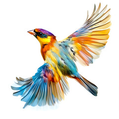 A colorful bird with a blue wing is flying in the air