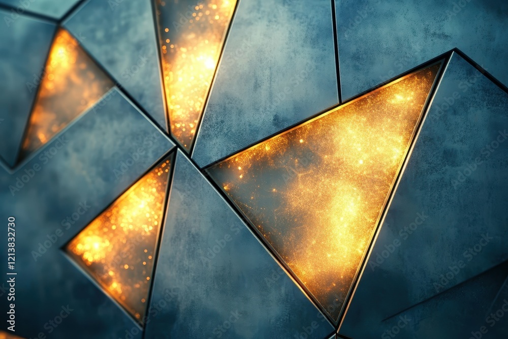 Poster intricate patterns of glowing gold illuminate metallic triangular tiles in a futuristic space. gener