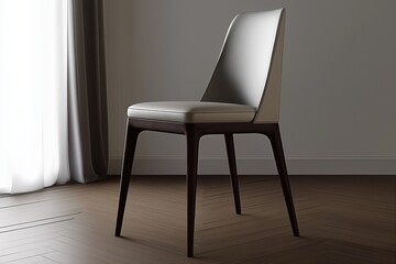 Dining chair minimalist style with dark wood legs and light gray leather cushioning