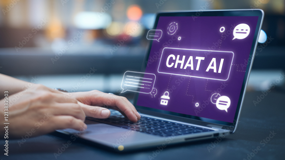 Aufkleber AI Chatbot Interaction: Woman using laptop, engaging in conversation with intelligent artificial intelligence, seeking answers via ChatGPT interface. 