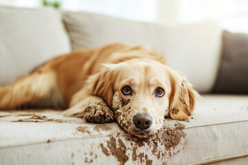 Golden retriever laying on a dirty couch with mud on its fur