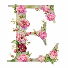 Watercolor Floral Letter E Pink Roses Greenery Elegant Alphabet Design Vintage Style