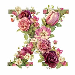 Naklejka premium Elegant Floral Letter X Design Watercolor Roses Botanical Alphabet Wedding Invitation