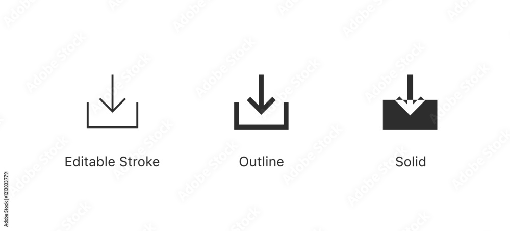 Poster download icon symbol, save file icon, import file icon in editable stroke, outline, and solid styles