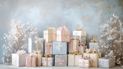 Delicately stacked gifts arranged symmetrically on an elegant, minimalist backdrop, featuring soft pastel tones, evoking a sense of tranquility and subtle elegance.