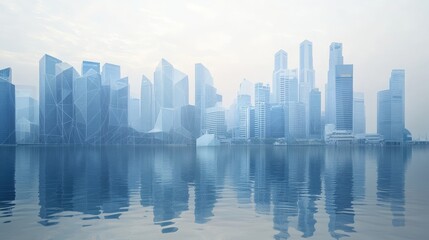 Fototapeta premium Creative polygonal mesh design of a waterfront city skyline suitable for wallpaper Concept of smart cities and web network connectivity