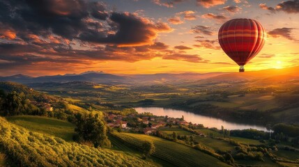 Fototapeta premium Sunset Hot Air Balloon Ride Over Serene Landscape