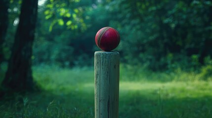 Cricket ball balanced on cricket bat in lush green cricket ground, cricket, ball, bat, sport, game, equipment, leather, red