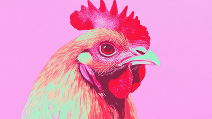 Vibrant Pop Art Chicken Portrait on Bright Pink Background