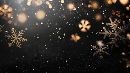 Softly scattered golden snowflakes on a dark matte black background, with gentle shadows, exuding a sophisticated, mysterious, and elegant holiday spirit.