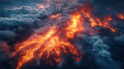 Fototapeta premium Aerial View of a Volcanic Eruption: A Fiery River of Lava Flowing Through Clouds of Smoke and Ash