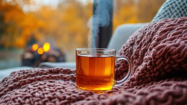 Cozy Autumn Retreat: A steaming cup of tea sits nestled on a chunky knit blanket, inviting warmth and relaxation on a chilly autumn afternoon.