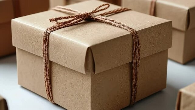 Gift Box Wrapped with Rustic Twine: A close-up shot of a beautifully wrapped gift box, tied with rustic twine and a simple bow, exuding a sense of warmth, care, and anticipation.