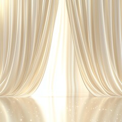 White and gold background with opened white curtains reflecting soft light and shimmering effects, creating a calming, elegant atmosphere in minimal illustration style.