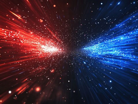 Abstract red and blue light streaks with bright dots creating a dynamic space effect