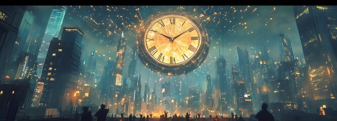 A clock made of glowing particles floating above a city, with workers celebrating in the streets below