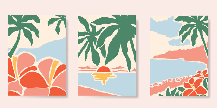 Abstract summer background poster vector. Minimal hand drawn wallpaper design with coconut tree, sun, sea, hibiscus flower. Ocean painting for summer season, wall decoration, interior, background.