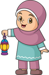 Happy Young Muslim Girl with Ramadan Lantern in Hand