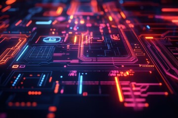 Obraz premium Electric pathways illuminate a darkened digital landscape filled with vibrant circuitry and dynamic colors strikingly vibrant. Generative AI