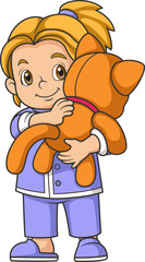 Cartoon little girl hugging little doll