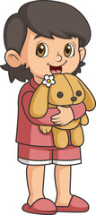 Cartoon little girl hugging little doll