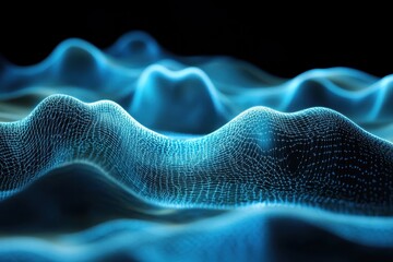 Dynamic blue waves of light undulating through a dark, mysterious space at night reveal an otherworldly digital landscape. Generative AI