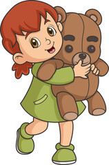 Cartoon little girl hugging big teddy bear