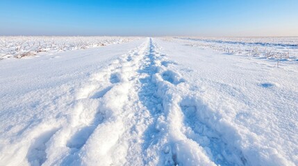 Obraz premium Snow-covered path stretching to horizon, winter landscape, clear sky; for travel, winter, nature websites