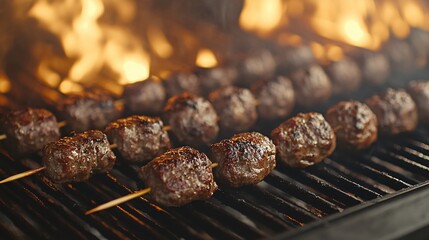 Meatball skewers cooking on a hot grill with flames in the background for a barbecue party
