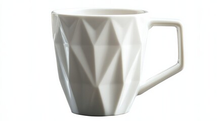 A pure white coffee mug with a square handle and minimalistic geometric design, isolated on a white background 