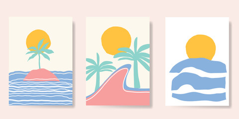 Obraz premium Abstract summer background poster vector. Minimal hand drawn wallpaper design with coconut tree, sun, sea, star fish, scallop. Ocean painting for summer season, wall decoration, interior, background.