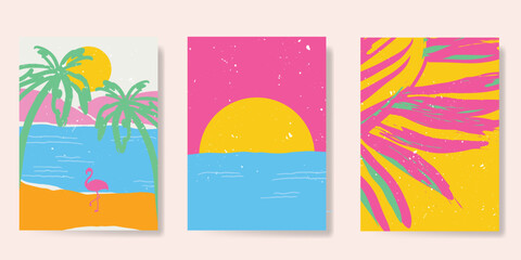 Abstract summer background poster vector. Minimal hand drawn wallpaper design with coconut tree, sun, sea, star fish, scallop. Ocean painting for summer season, wall decoration, interior, background.