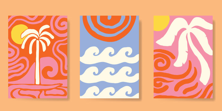Abstract summer background poster vector. Minimal hand drawn wallpaper design with coconut tree, sun, sea wave. Ocean painting for summer season, wall decoration, interior, background.