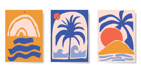 Abstract summer background poster vector. Minimal hand drawn wallpaper design with coconut tree, sun, sea, mountain. Ocean painting for summer season, wall decoration, interior, background. © babeer