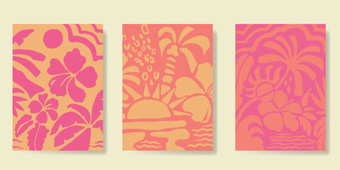 Abstract summer background poster vector. Minimal hand drawn wallpaper design with coconut tree, sun, sea, hibiscus flower. Ocean painting for summer season, wall decoration, interior, background. © babeer