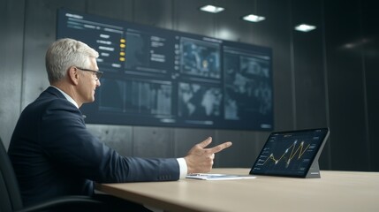 Obraz premium Maximizing Business Profit Through Efficient Resource Management, Business professional analyzing data on a digital screen in a modern office.