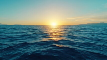Obraz premium Stunning panoramic view of the ocean at sunset, with the sun casting a golden glow on the tranquil waters.