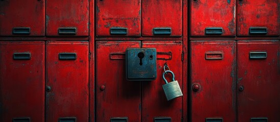 Red lockers, padlock, grunge room, security