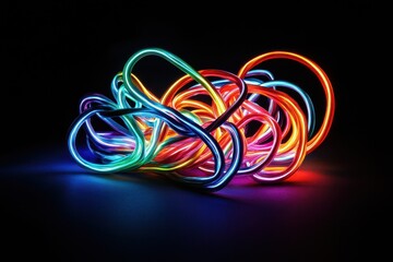 Colorful neon coils twist and intertwine in a mesmerizing display of light and form against a dark background. Generative AI
