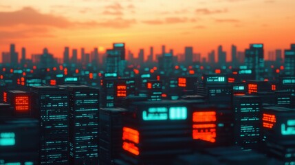 Global Economy Inflation Trade concept. Futuristic Glowing Port City Skyline at Night with Container Ships and Trade Activities