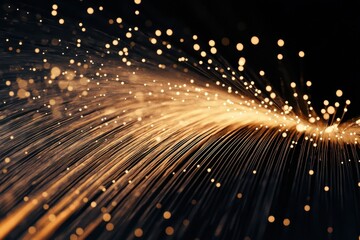 Sparkling particles gracefully dance in a mesmerizing flow of golden light against a dark backdrop at twilight. Generative AI