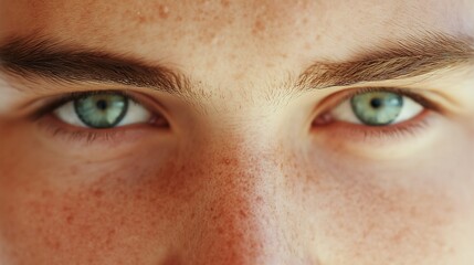 Fototapeta premium Intense green eyes with freckles in warm sunlight close-up.
