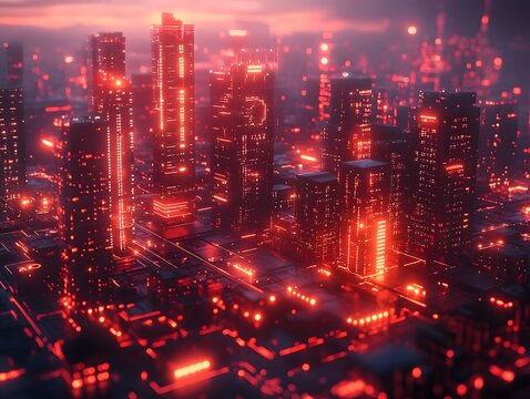 Glowing Futuristic Cityscape with Illuminated Skyscrapers and Vibrant Neon Lights at Night - Powered by Adobe