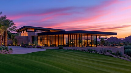 Modern architectural home at sunset with vibrant sky and landscaped garden in serene surroundings
