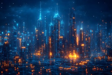 Fototapeta premium Futuristic Cityscape with Glowing Neon Skyscrapers and Illuminated Urban Landscape