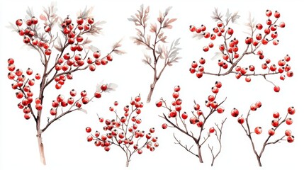 Fototapeta premium A set of red berries are shown in various positions and sizes. Generative AI