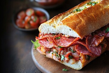 Delicious salami sandwich with fresh tomato and herbs on a rustic wooden board closeup view